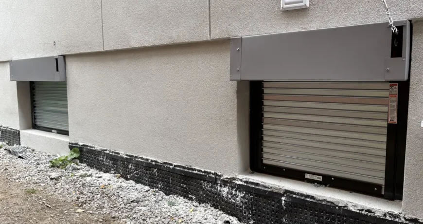 Two window fire shutters on the side wall of a new build home in Toronto